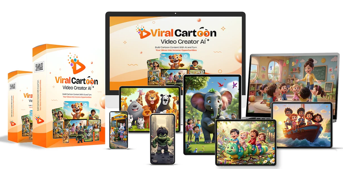 Viral Cartoon Video Creator AI review: product box and devices showing 3D cartoon characters from the prompt library